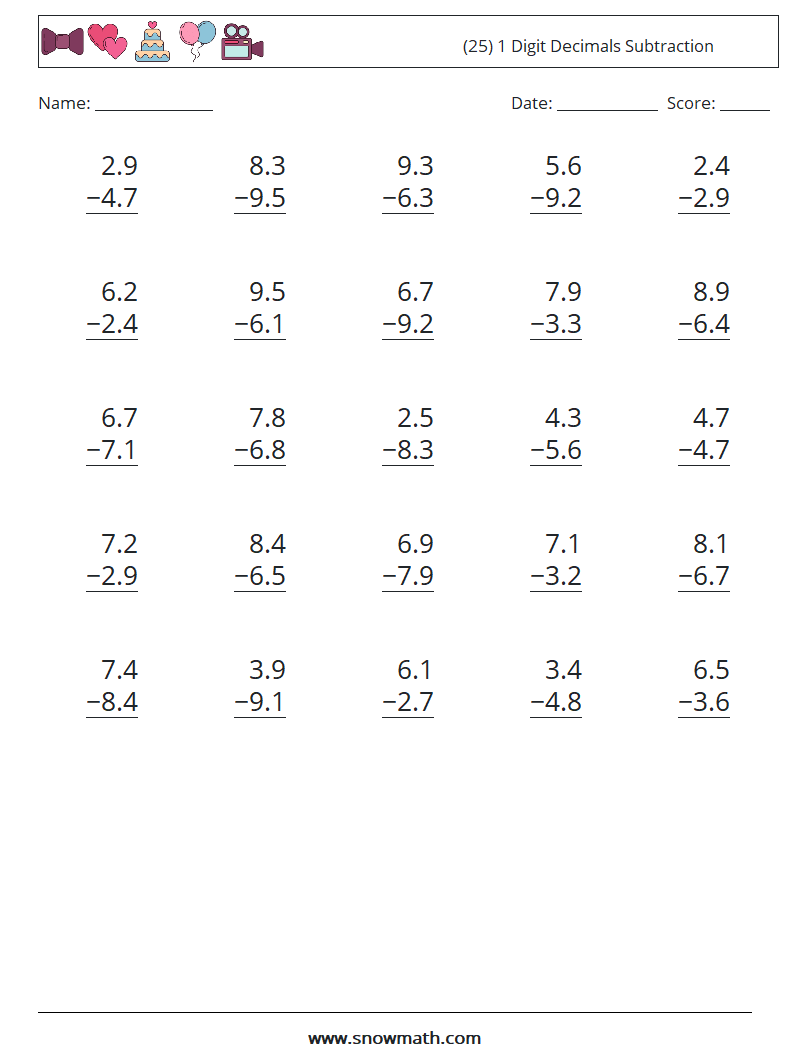 (25) 1 Digit Decimals Subtraction Math Worksheets 11