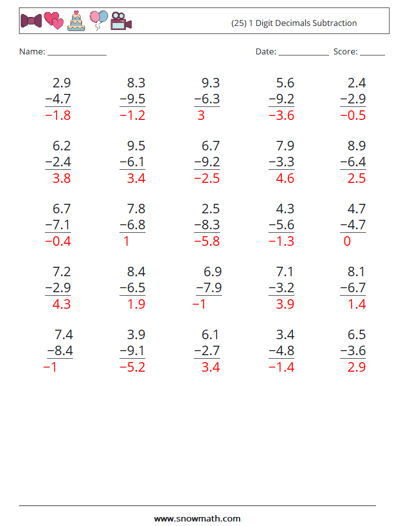 (25) 1 Digit Decimals Subtraction Math Worksheets 11 Question, Answer