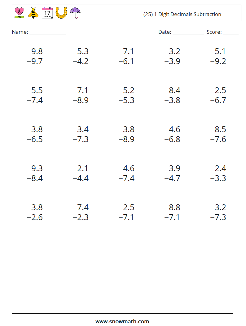 (25) 1 Digit Decimals Subtraction Math Worksheets 2
