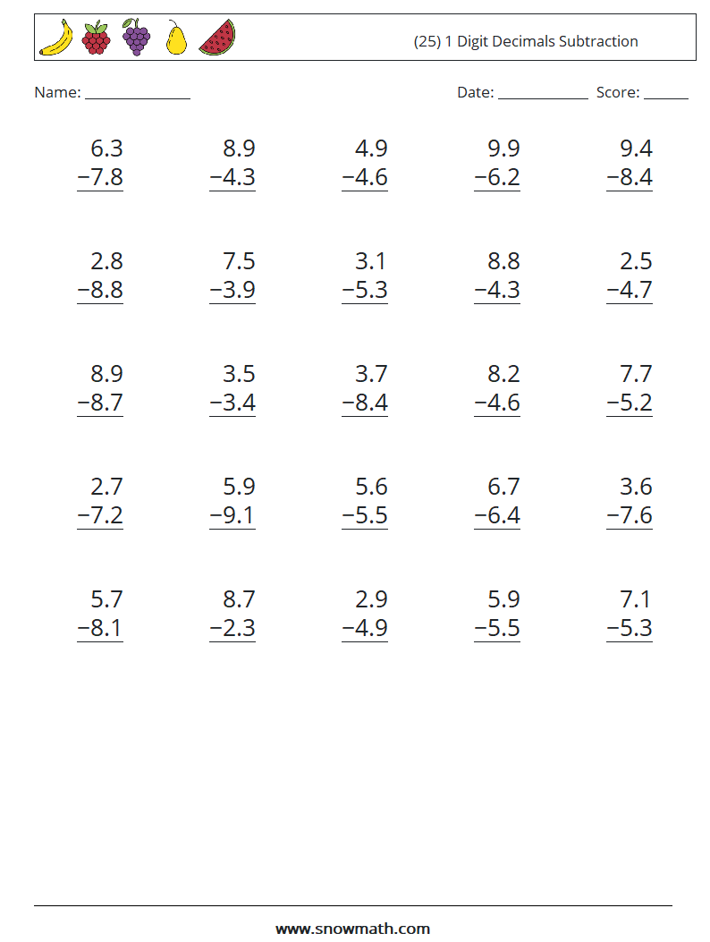 (25) 1 Digit Decimals Subtraction Math Worksheets 3