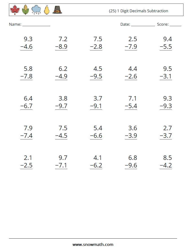 (25) 1 Digit Decimals Subtraction Math Worksheets 4