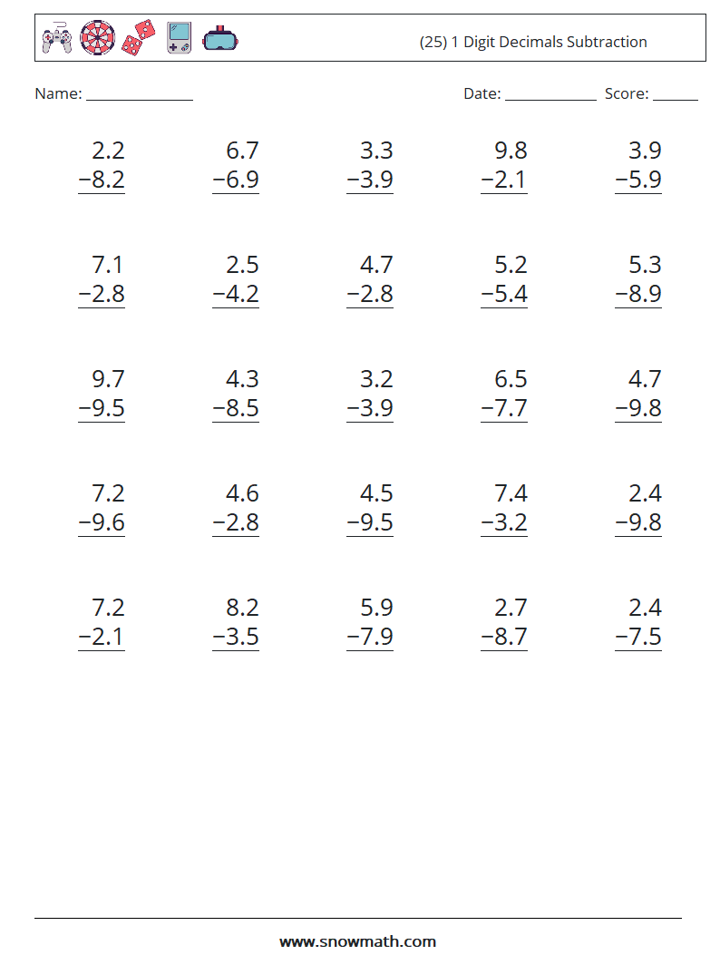 (25) 1 Digit Decimals Subtraction Math Worksheets 5