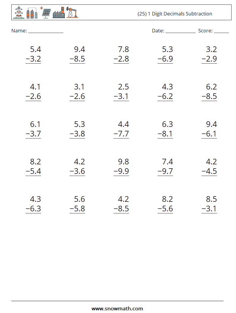 (25) 1 Digit Decimals Subtraction Math Worksheets 6