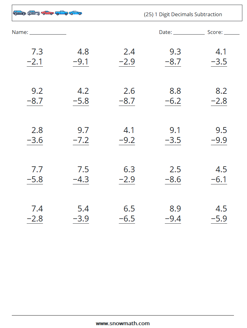 (25) 1 Digit Decimals Subtraction Math Worksheets 7