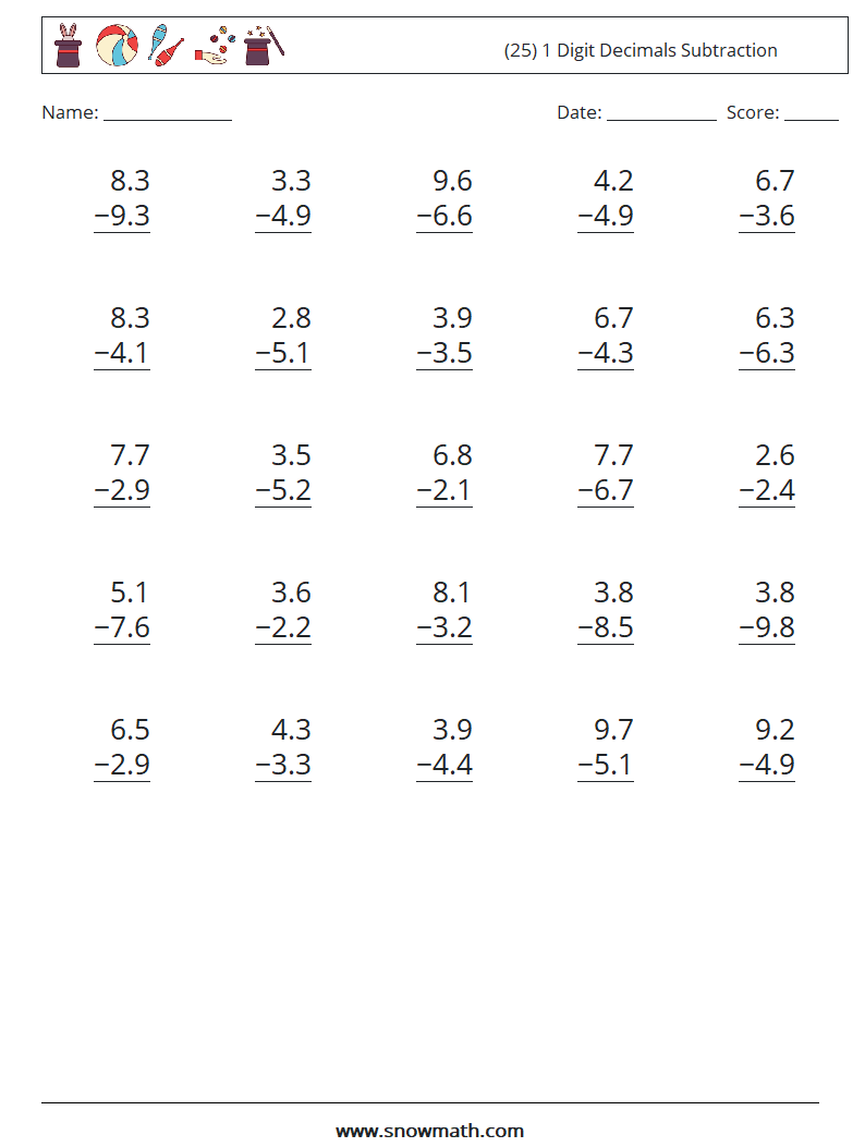 (25) 1 Digit Decimals Subtraction Math Worksheets 8