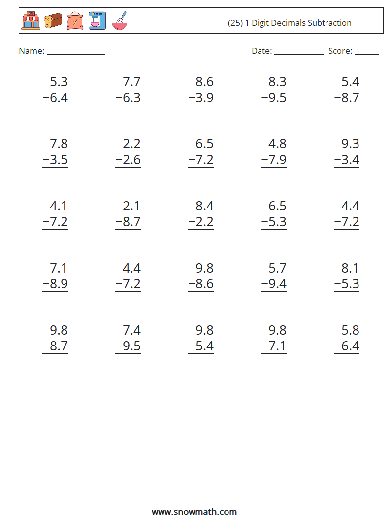 (25) 1 Digit Decimals Subtraction Math Worksheets 9