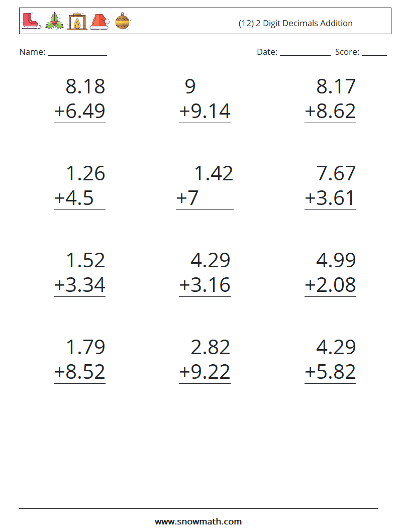 (12) 2 Digit Decimals Addition Math Worksheets 1