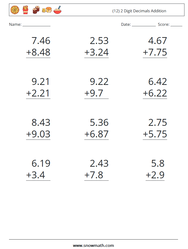 (12) 2 Digit Decimals Addition Math Worksheets 10