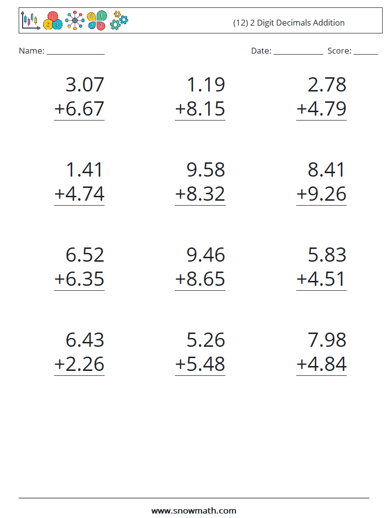 (12) 2 Digit Decimals Addition Math Worksheets 11