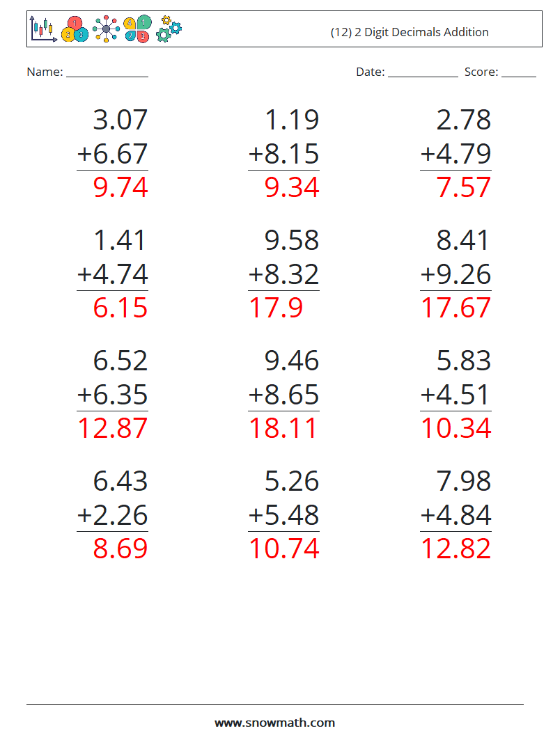 (12) 2 Digit Decimals Addition Math Worksheets 11 Question, Answer