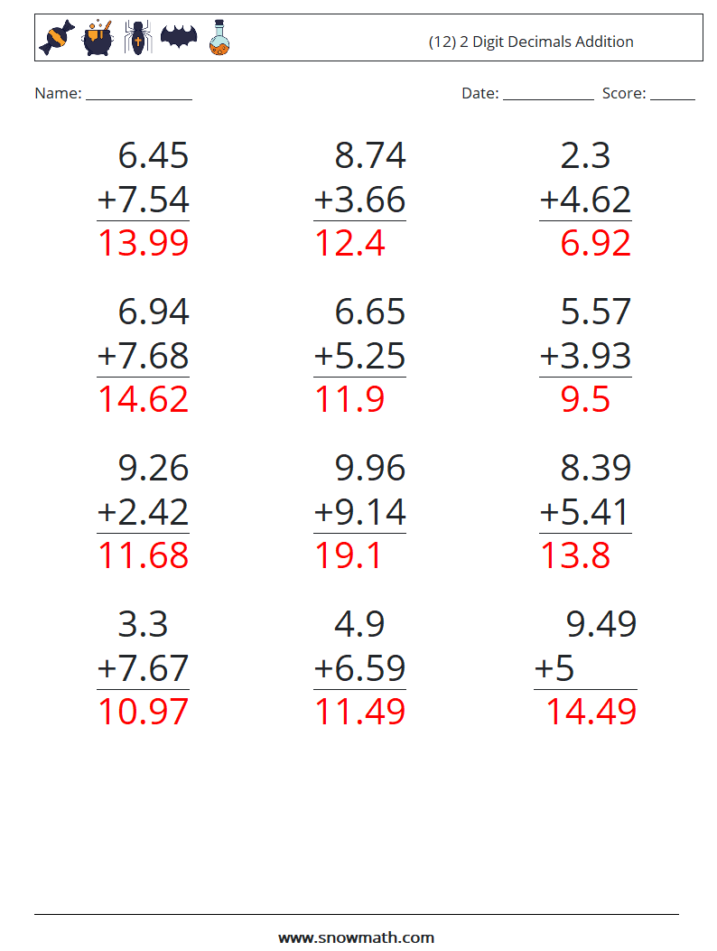 (12) 2 Digit Decimals Addition Math Worksheets 12 Question, Answer