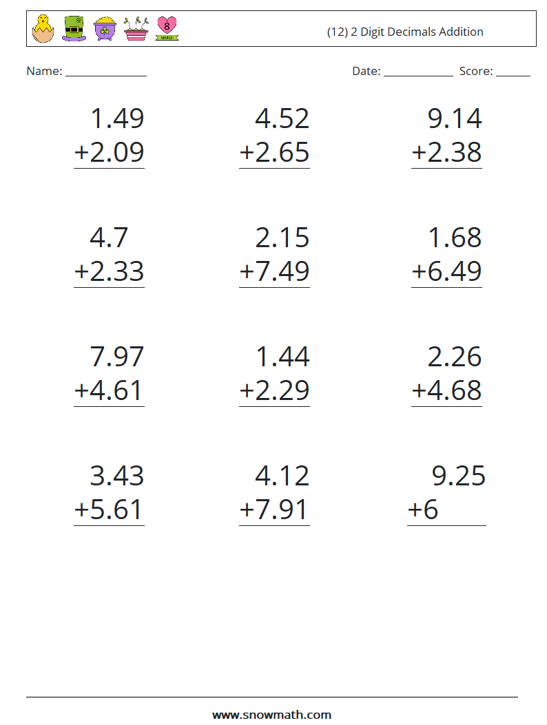 (12) 2 Digit Decimals Addition Math Worksheets 13