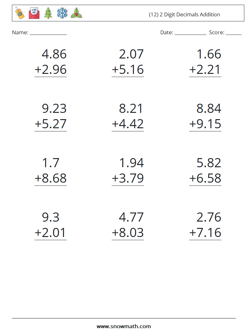 (12) 2 Digit Decimals Addition Math Worksheets 14