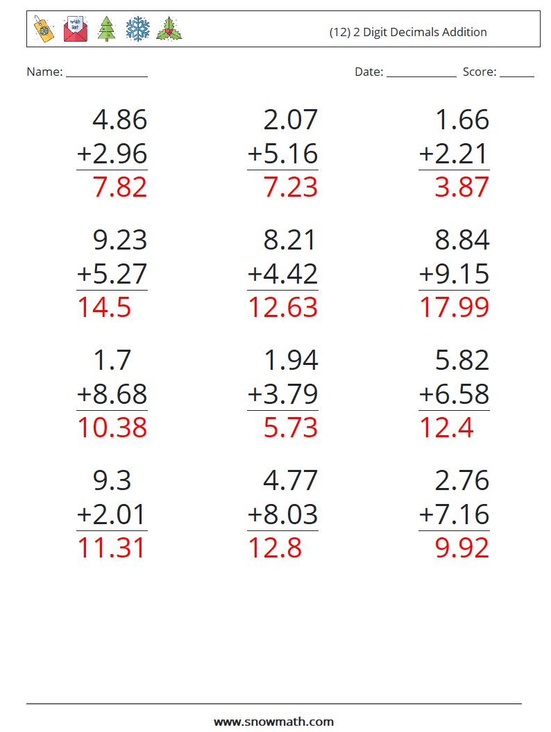 (12) 2 Digit Decimals Addition Math Worksheets 14 Question, Answer