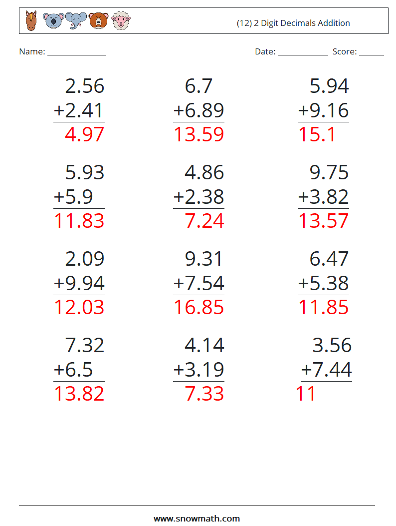 (12) 2 Digit Decimals Addition Math Worksheets 15 Question, Answer