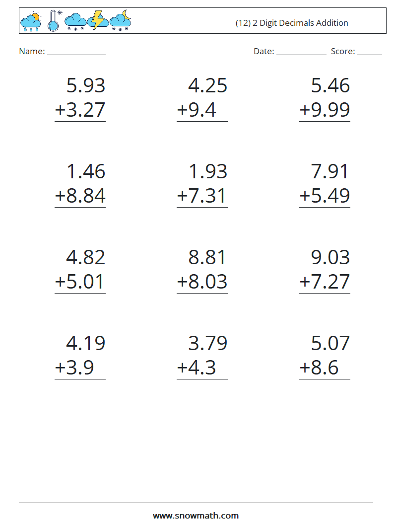 (12) 2 Digit Decimals Addition Math Worksheets 16