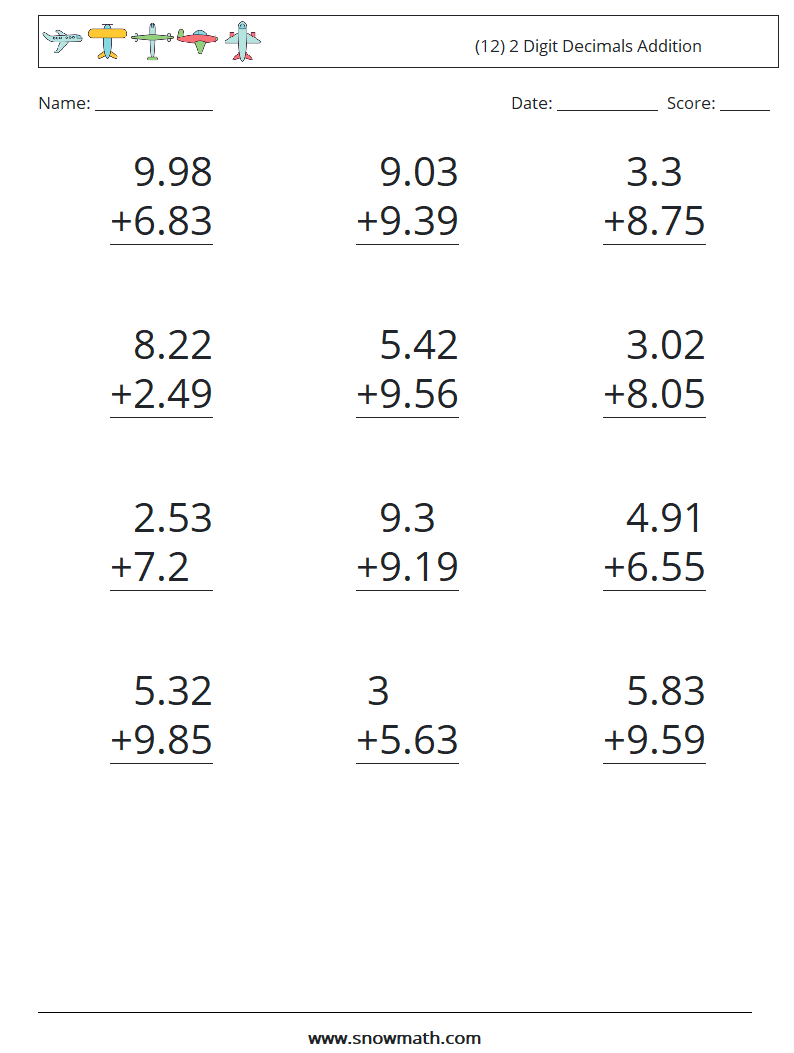 (12) 2 Digit Decimals Addition Math Worksheets 17