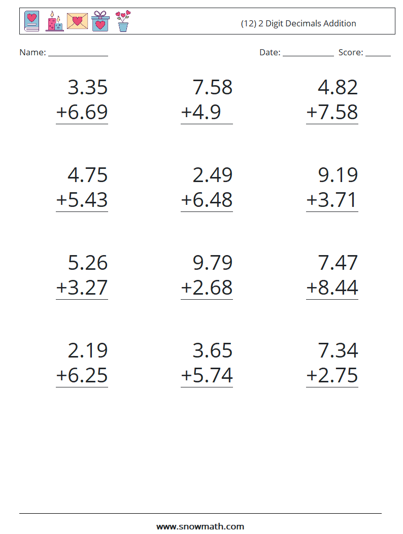 (12) 2 Digit Decimals Addition Math Worksheets 18