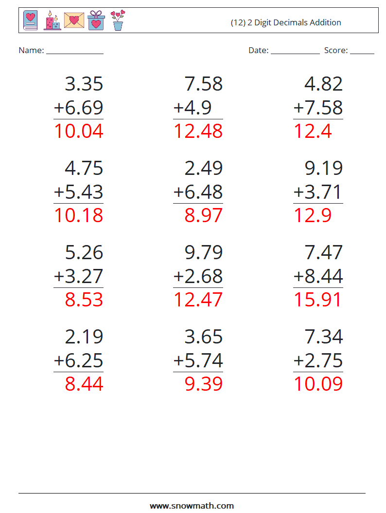 (12) 2 Digit Decimals Addition Math Worksheets 18 Question, Answer