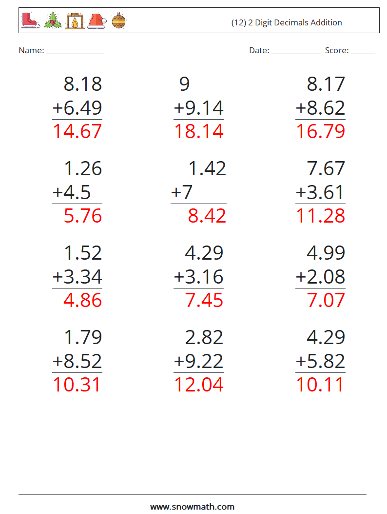 (12) 2 Digit Decimals Addition Math Worksheets 1 Question, Answer