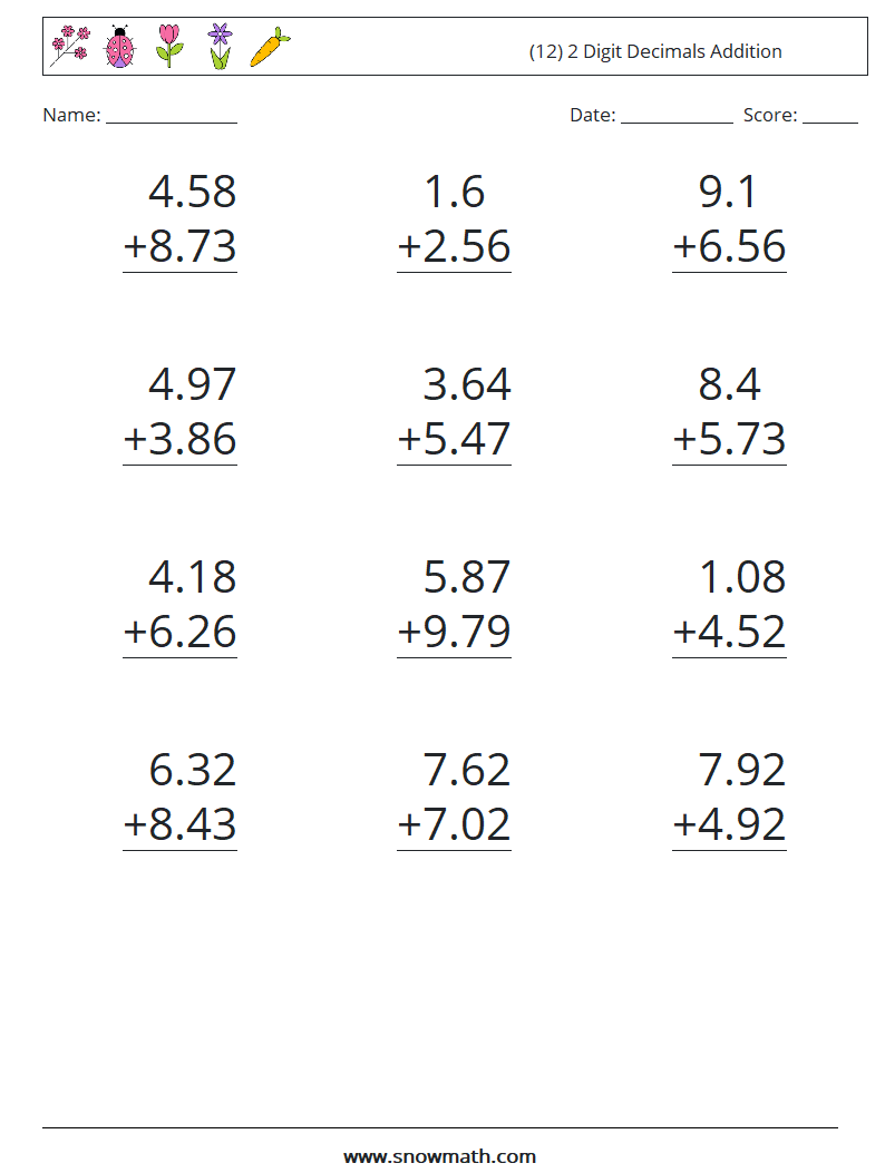 (12) 2 Digit Decimals Addition Math Worksheets 2