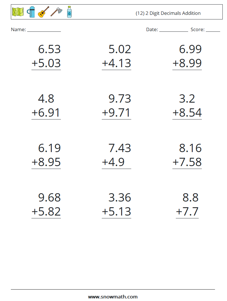 (12) 2 Digit Decimals Addition Math Worksheets 3