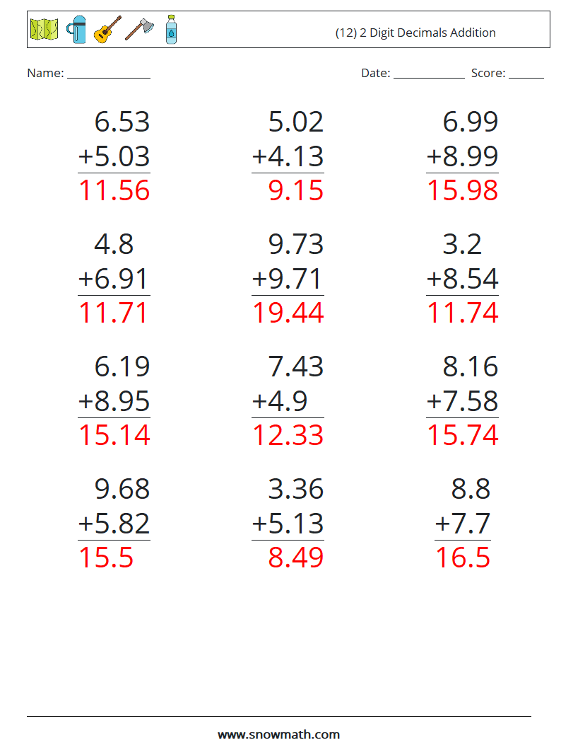 (12) 2 Digit Decimals Addition Math Worksheets 3 Question, Answer