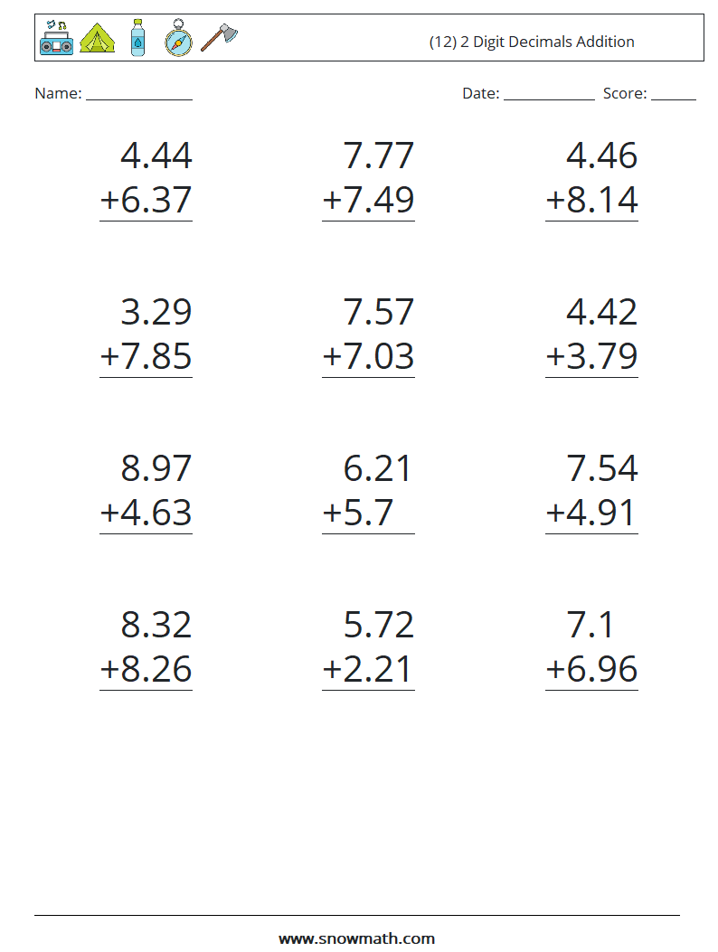 (12) 2 Digit Decimals Addition Math Worksheets 5