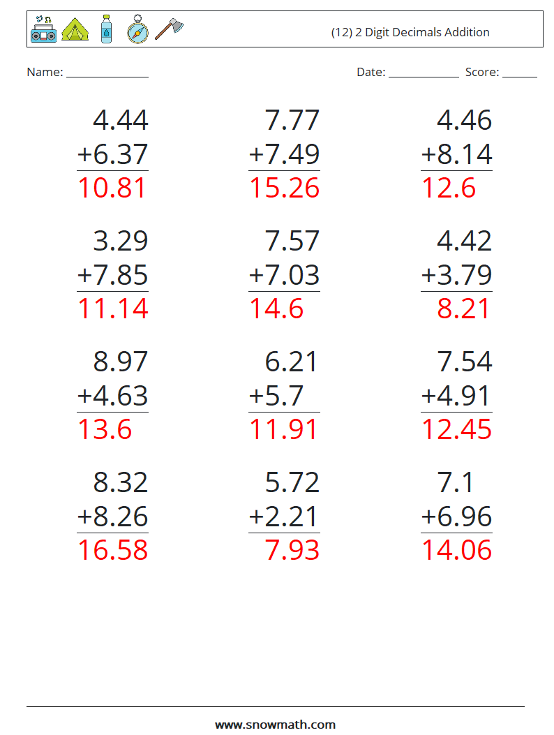 (12) 2 Digit Decimals Addition Math Worksheets 5 Question, Answer