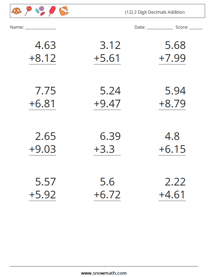 (12) 2 Digit Decimals Addition Math Worksheets 6