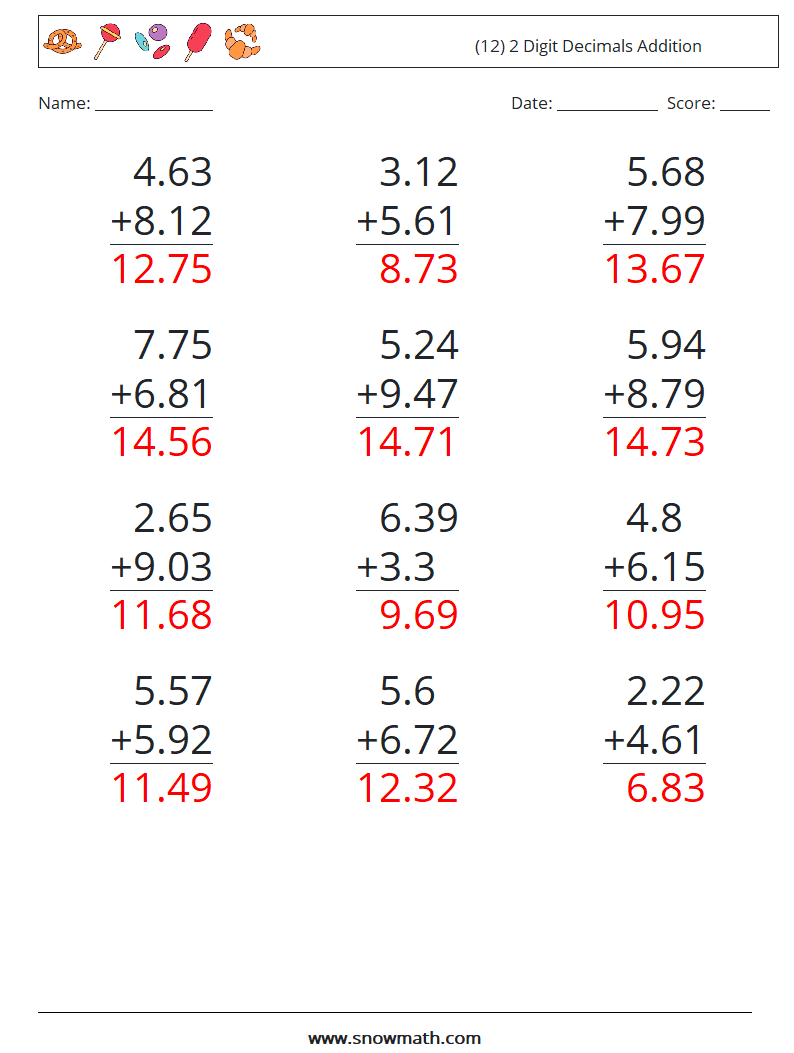 (12) 2 Digit Decimals Addition Math Worksheets 6 Question, Answer