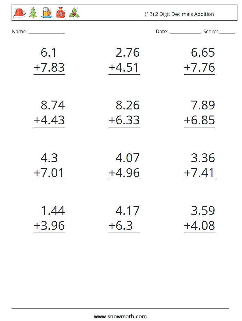 (12) 2 Digit Decimals Addition Math Worksheets 7