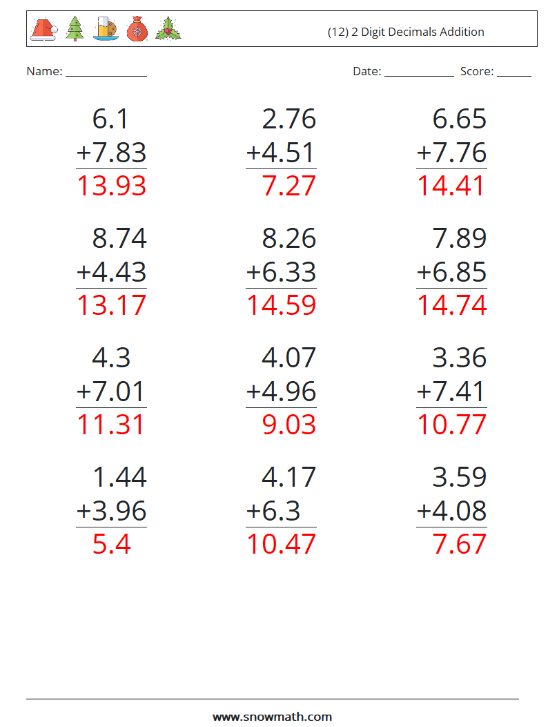 (12) 2 Digit Decimals Addition Math Worksheets 7 Question, Answer