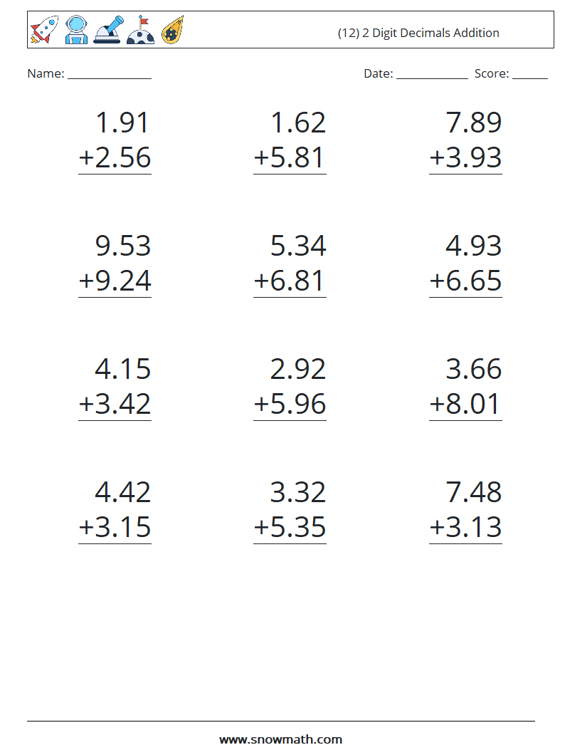 (12) 2 Digit Decimals Addition Math Worksheets 9