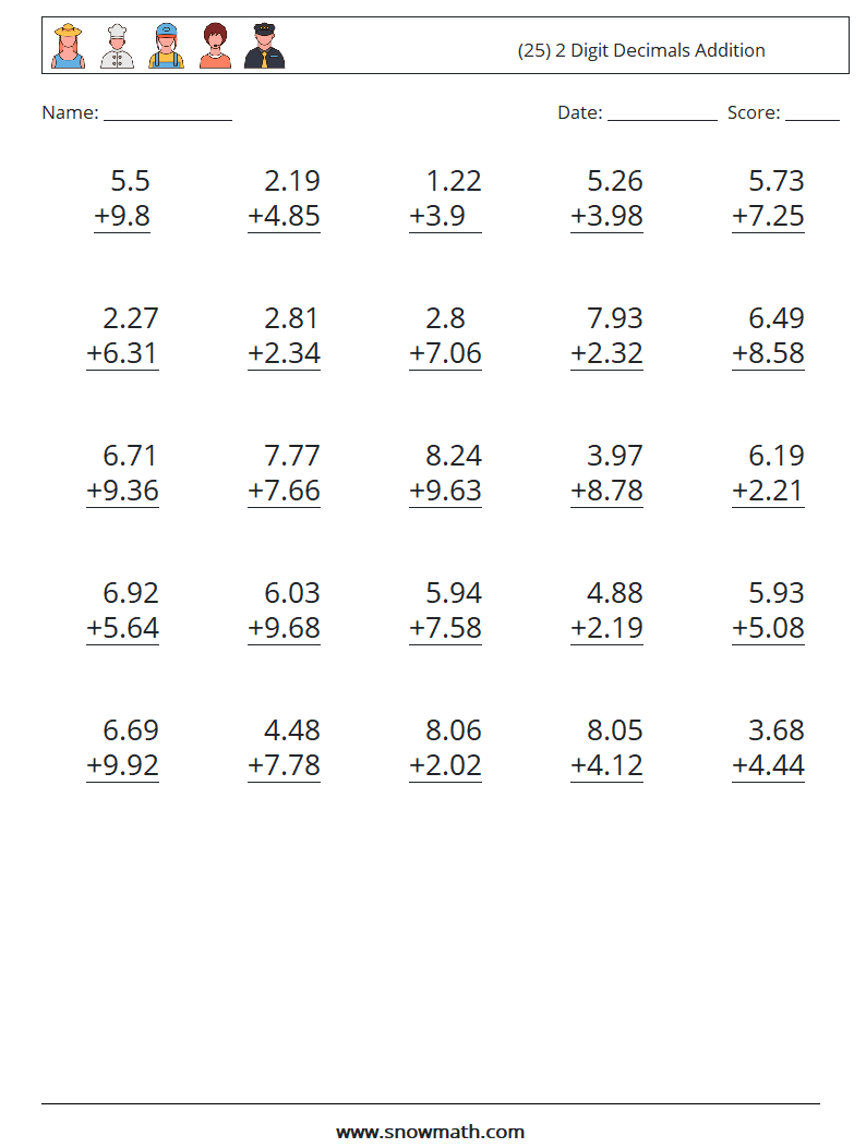 (25) 2 Digit Decimals Addition Math Worksheets 10
