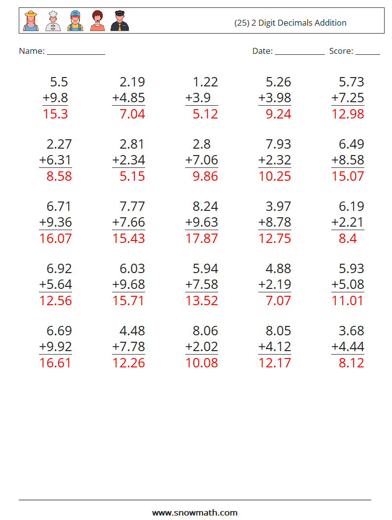 (25) 2 Digit Decimals Addition Math Worksheets 10 Question, Answer