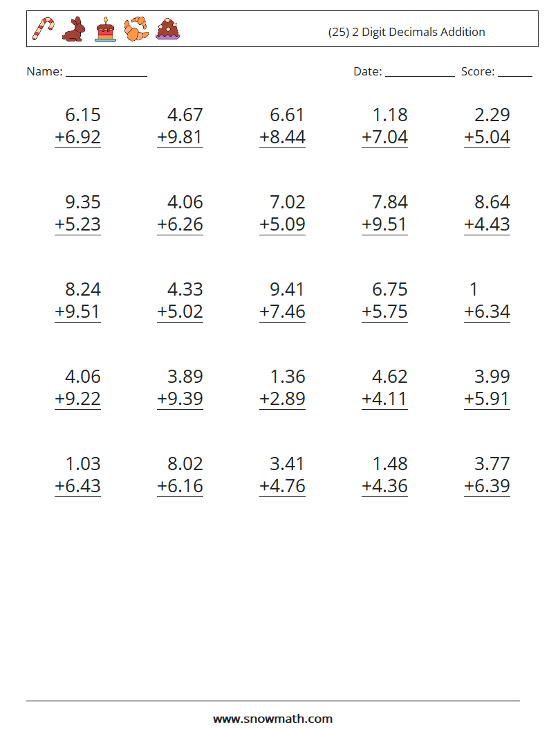 (25) 2 Digit Decimals Addition Math Worksheets 11