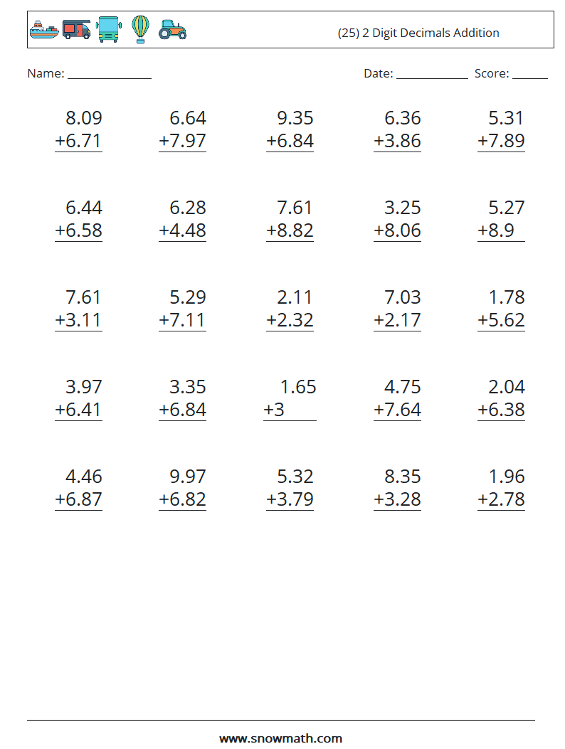 (25) 2 Digit Decimals Addition Math Worksheets 12
