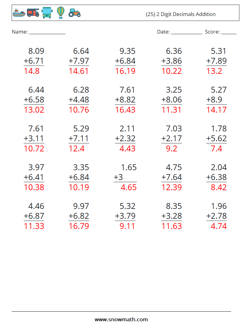 (25) 2 Digit Decimals Addition Math Worksheets 12 Question, Answer