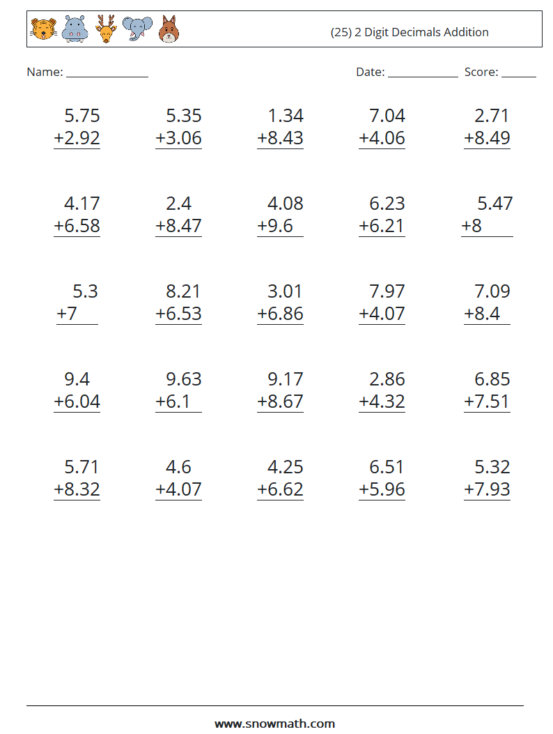 (25) 2 Digit Decimals Addition Math Worksheets 13