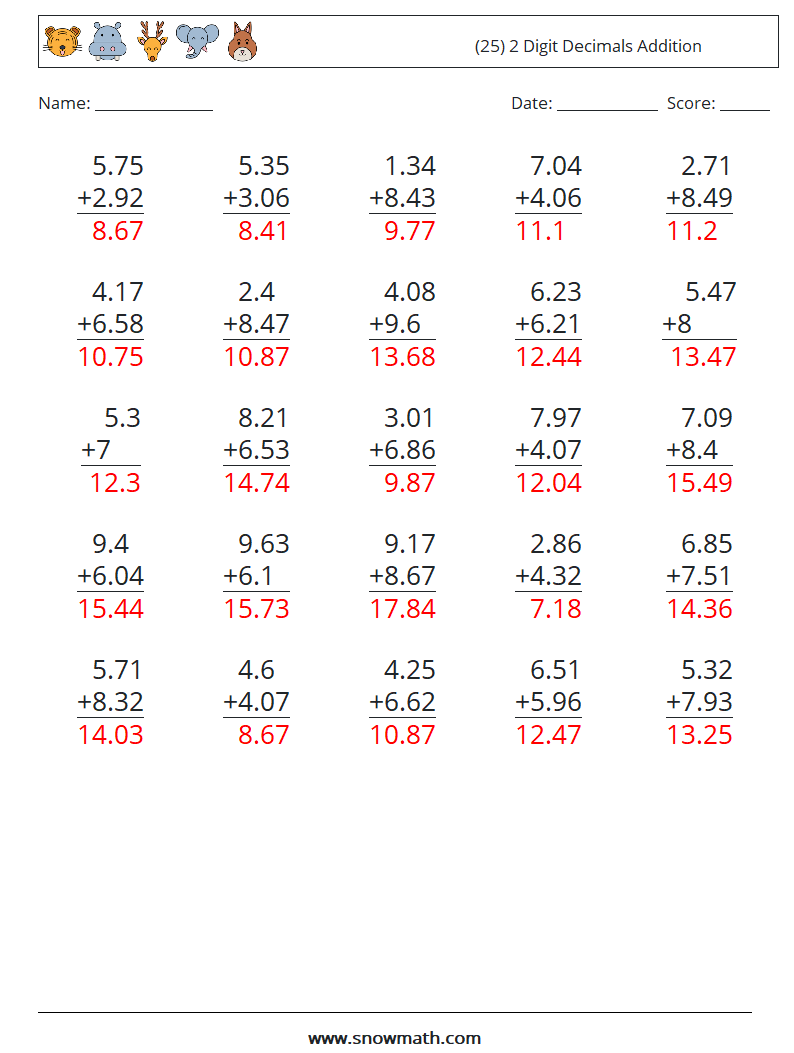 (25) 2 Digit Decimals Addition Math Worksheets 13 Question, Answer