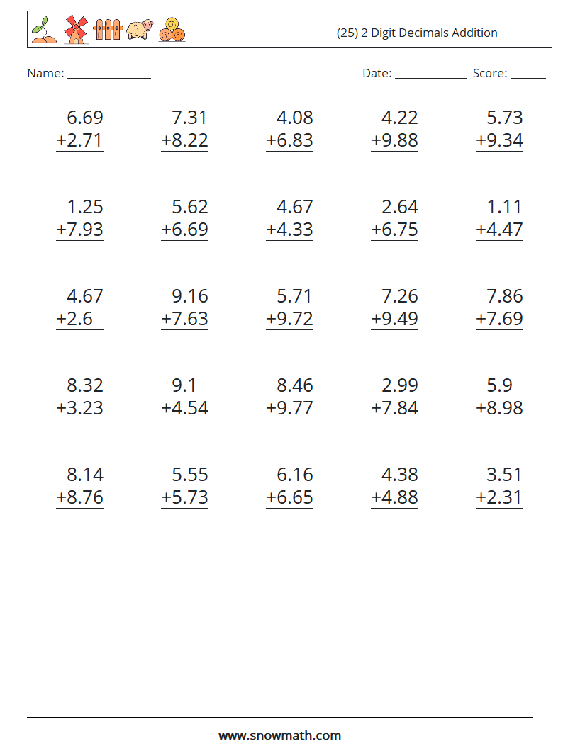 (25) 2 Digit Decimals Addition Math Worksheets 14