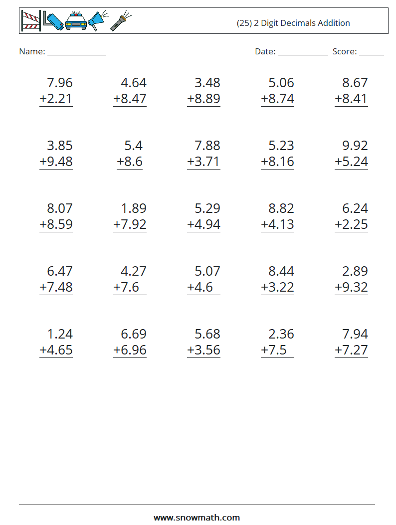 (25) 2 Digit Decimals Addition Math Worksheets 15