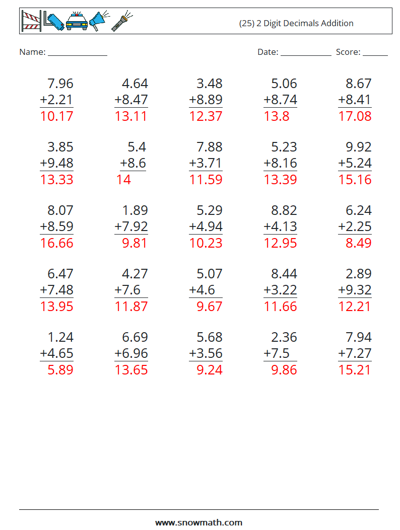 (25) 2 Digit Decimals Addition Math Worksheets 15 Question, Answer