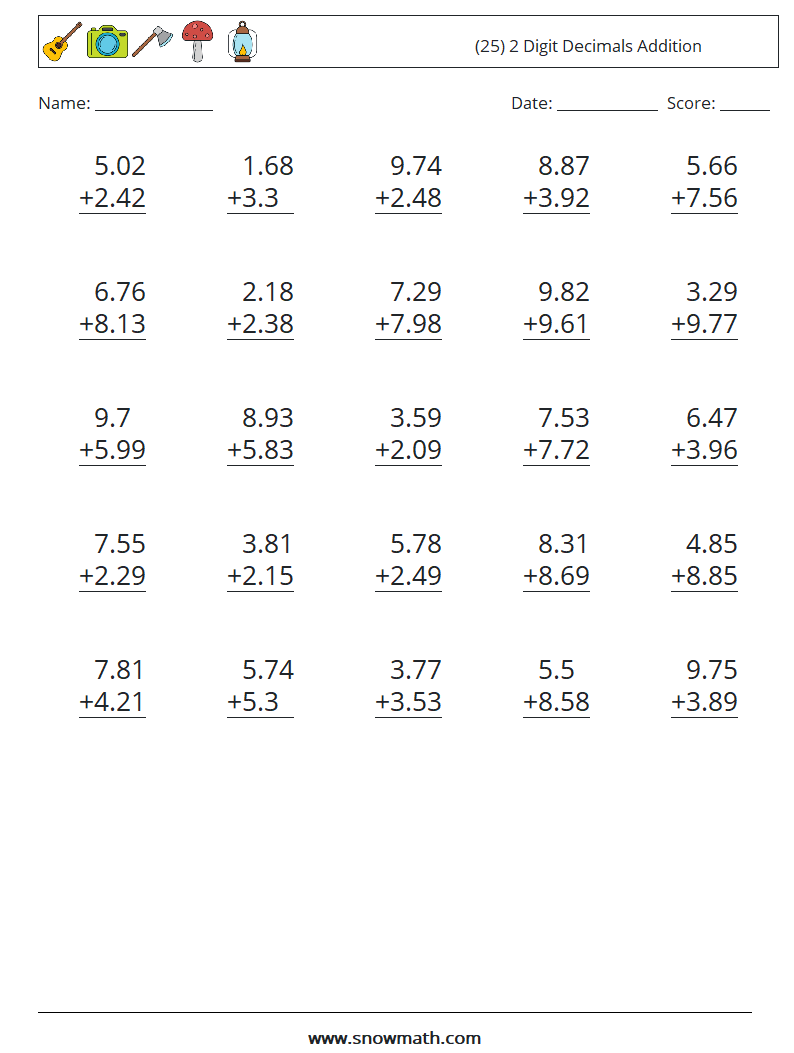 (25) 2 Digit Decimals Addition Math Worksheets 16