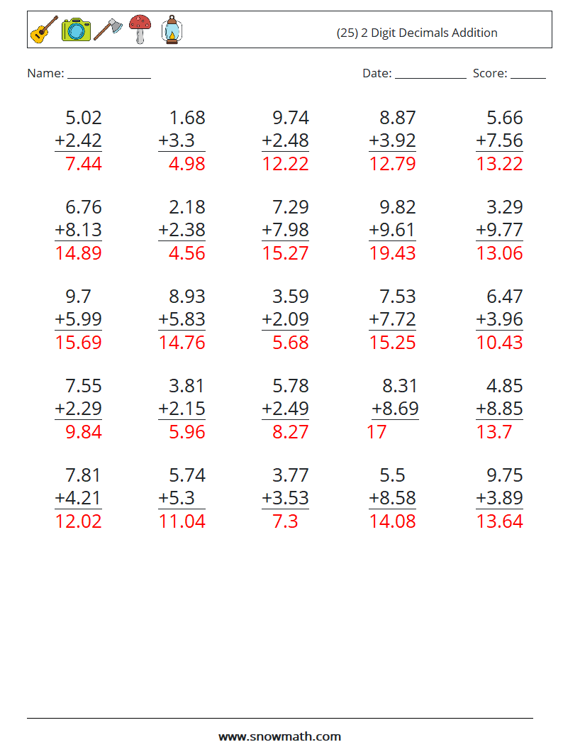 (25) 2 Digit Decimals Addition Math Worksheets 16 Question, Answer