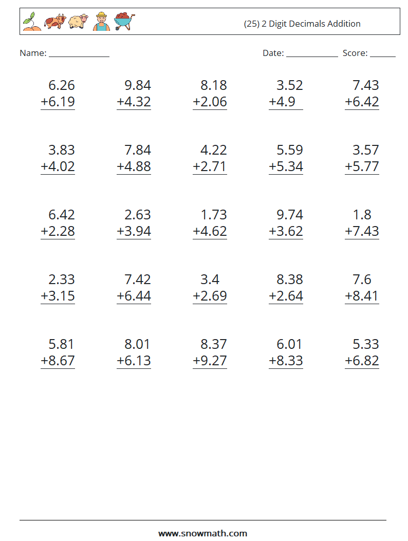 (25) 2 Digit Decimals Addition Math Worksheets 17