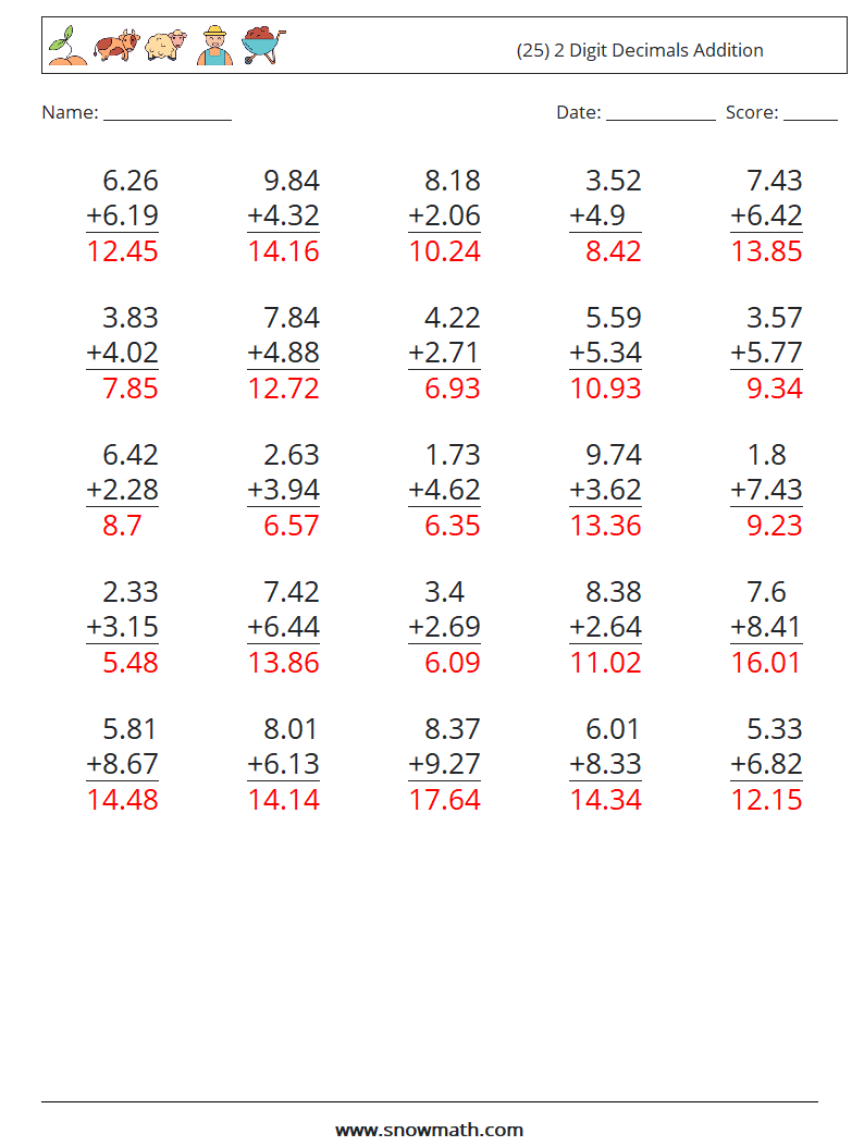 (25) 2 Digit Decimals Addition Math Worksheets 17 Question, Answer
