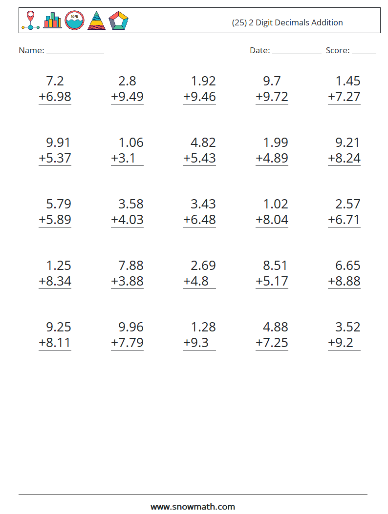 (25) 2 Digit Decimals Addition Math Worksheets 18