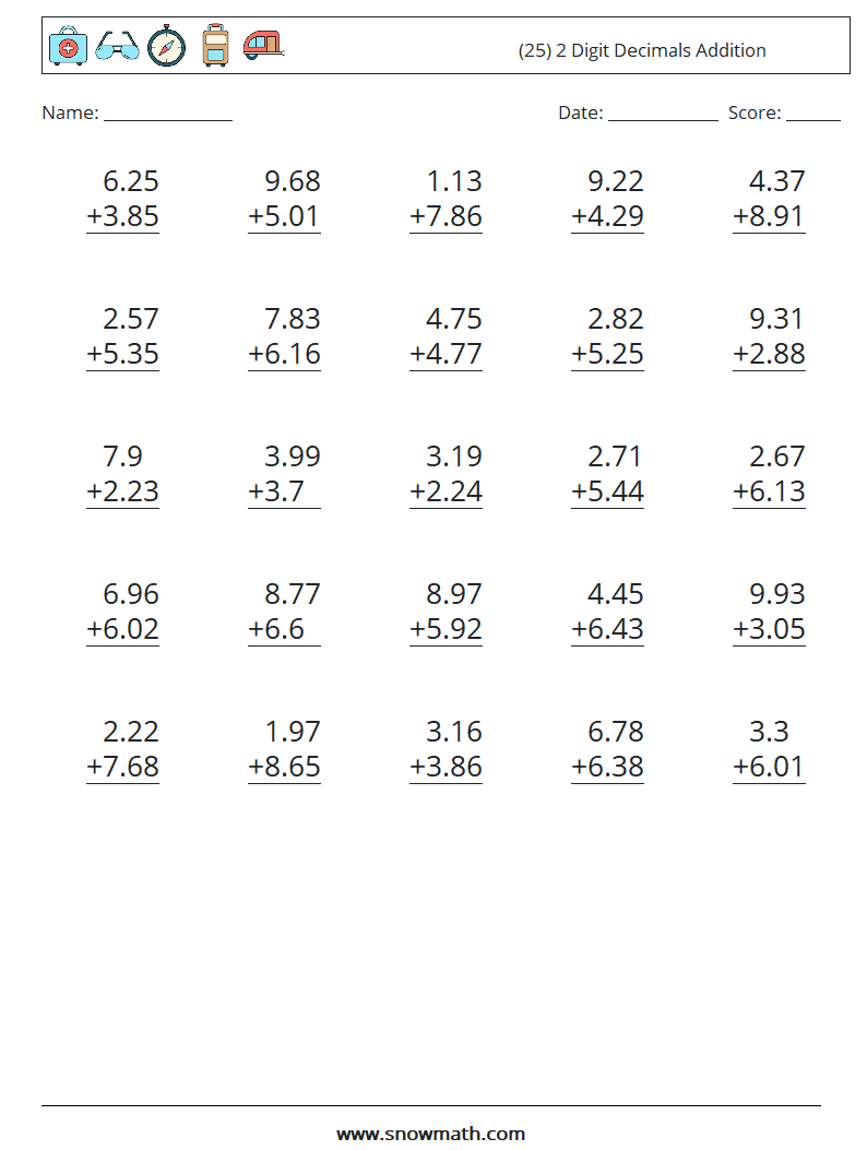 (25) 2 Digit Decimals Addition Math Worksheets 2